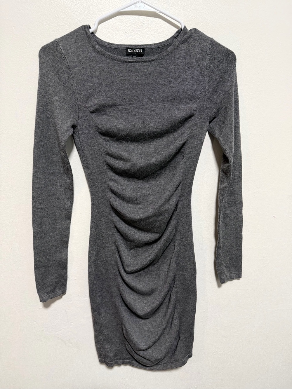 Express Charcoal Gray Long Sleeve Ruched Bodycon Dress